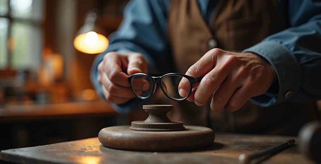 Mains d'artisan polissant délicatement une monture de lunettes avec outils traditionnels