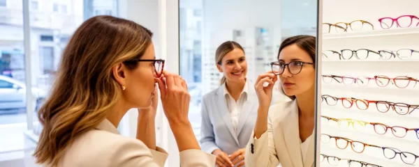 Cliente essayant des lunettes face à un miroir dans une boutique d'optique lumineuse, opticienne souriante à ses côtés