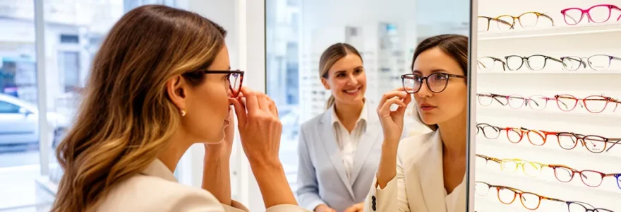 Cliente essayant des lunettes face à un miroir dans une boutique d'optique lumineuse, opticienne souriante à ses côtés
