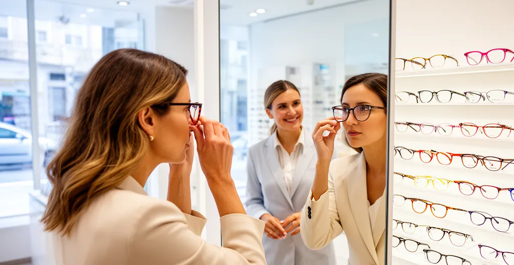 Cliente essayant des lunettes face à un miroir dans une boutique d'optique lumineuse, opticienne souriante à ses côtés