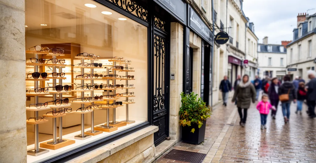 Vitrine élégante de boutique d'optique dans une rue piétonne de Cholet
