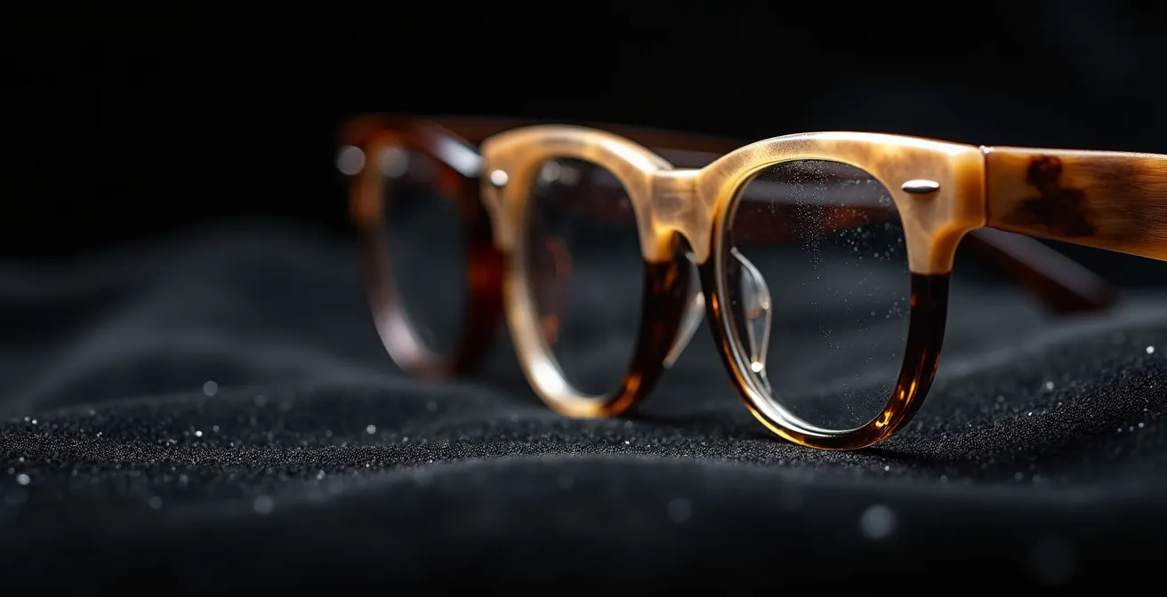 Détails macro de différentes textures de montures de lunettes