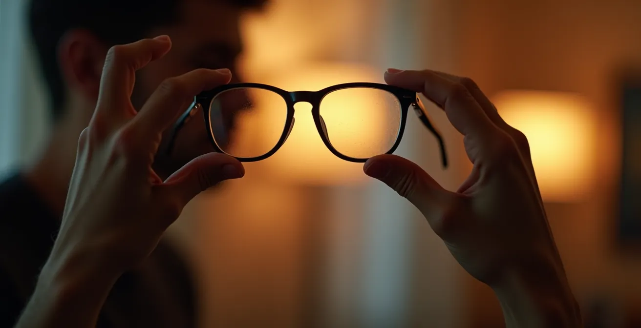 Mains tenant des lunettes avec reflet créant une double perspective