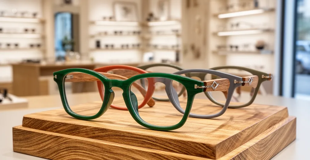 Présentoir avec trois paires de lunettes créateurs en bois et acétate coloré