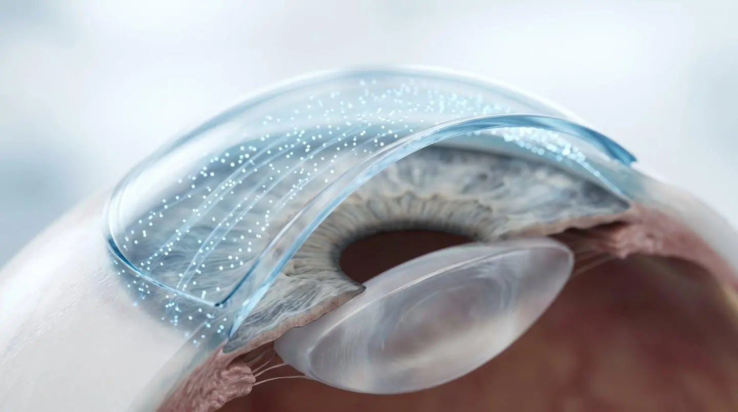 Coupe d'un œil avec une lentille rigide et des particules d'oxygène la traversant.