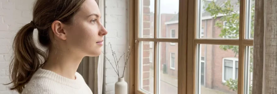 Femme regardant par une fenêtre, ambiance lumineuse et sereine, illustrant le confort visuel.
