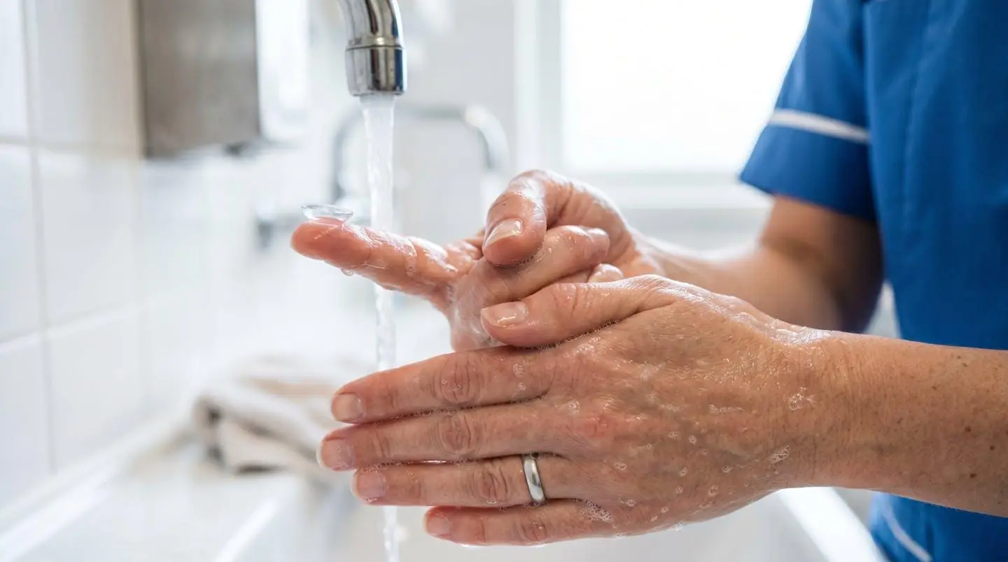 Lavage des mains avant manipulation des lentilles rigides, hygiène essentielle pour un port sûr.
